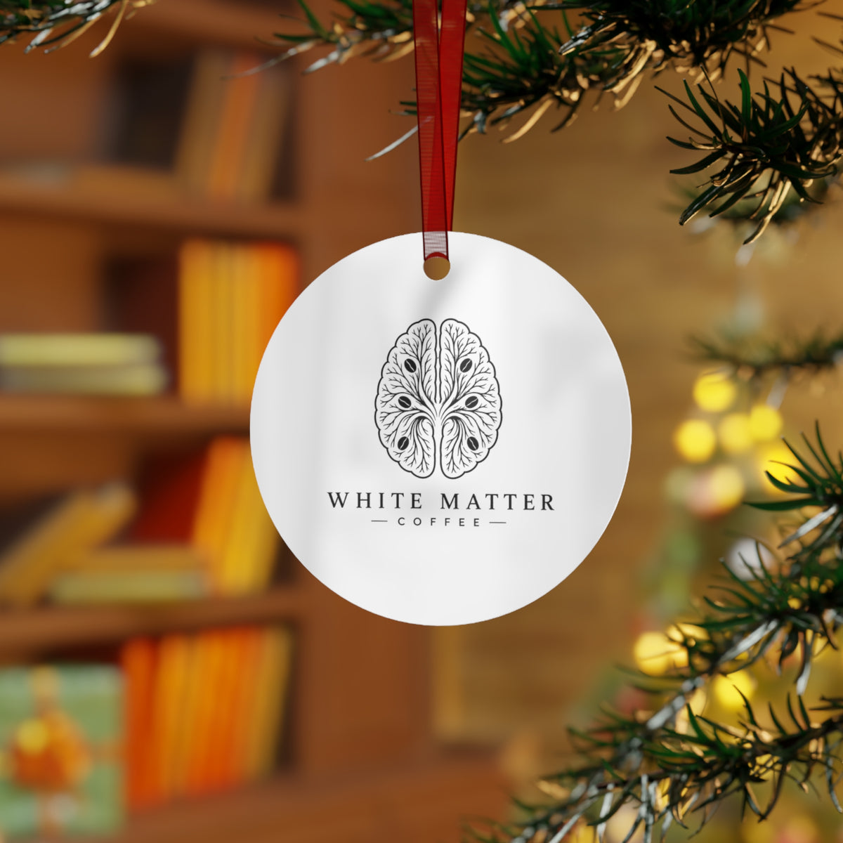 White Matter Coffee Metal Ornament — Brain Logo Holiday Ornament