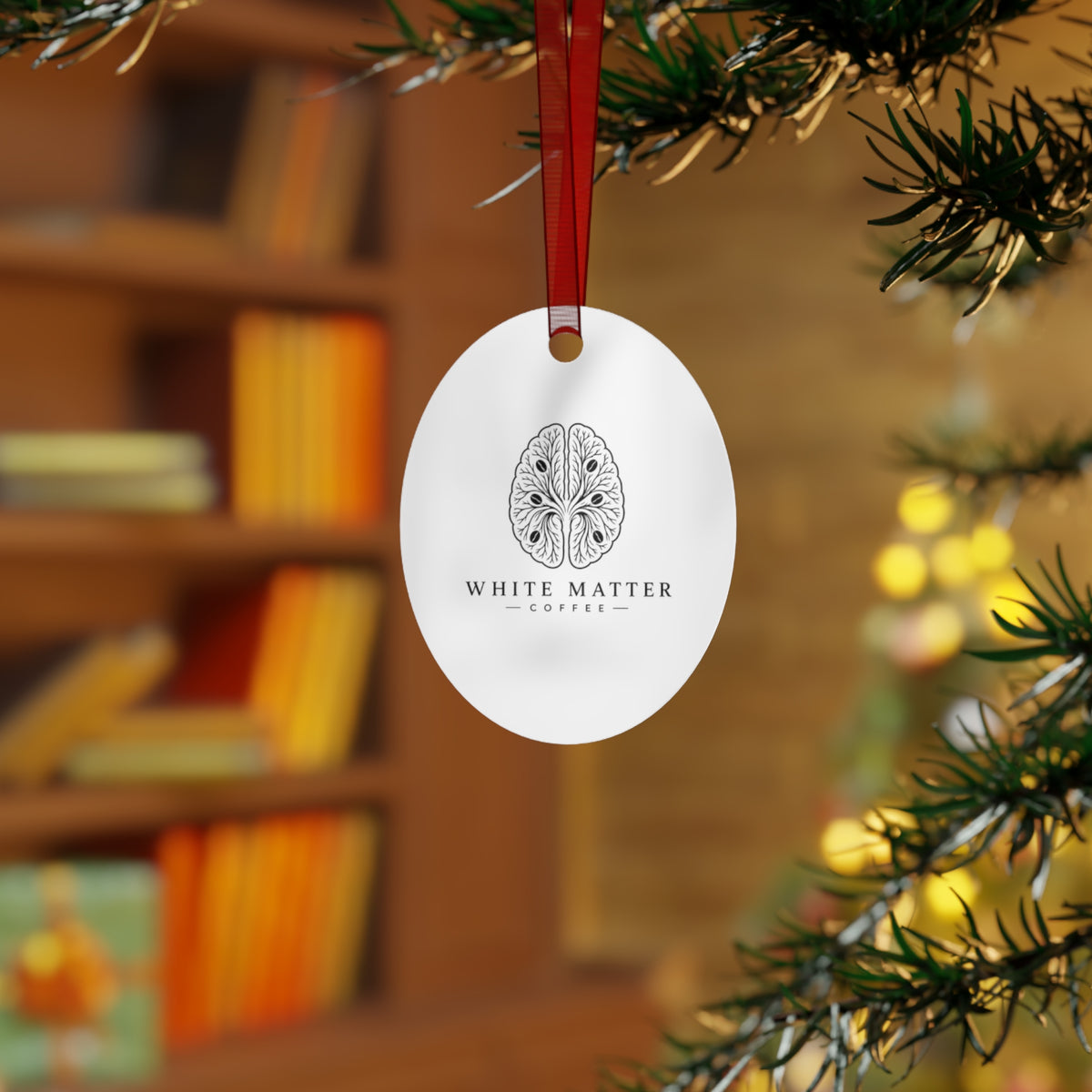 White Matter Coffee Metal Ornament — Brain Logo Holiday Ornament